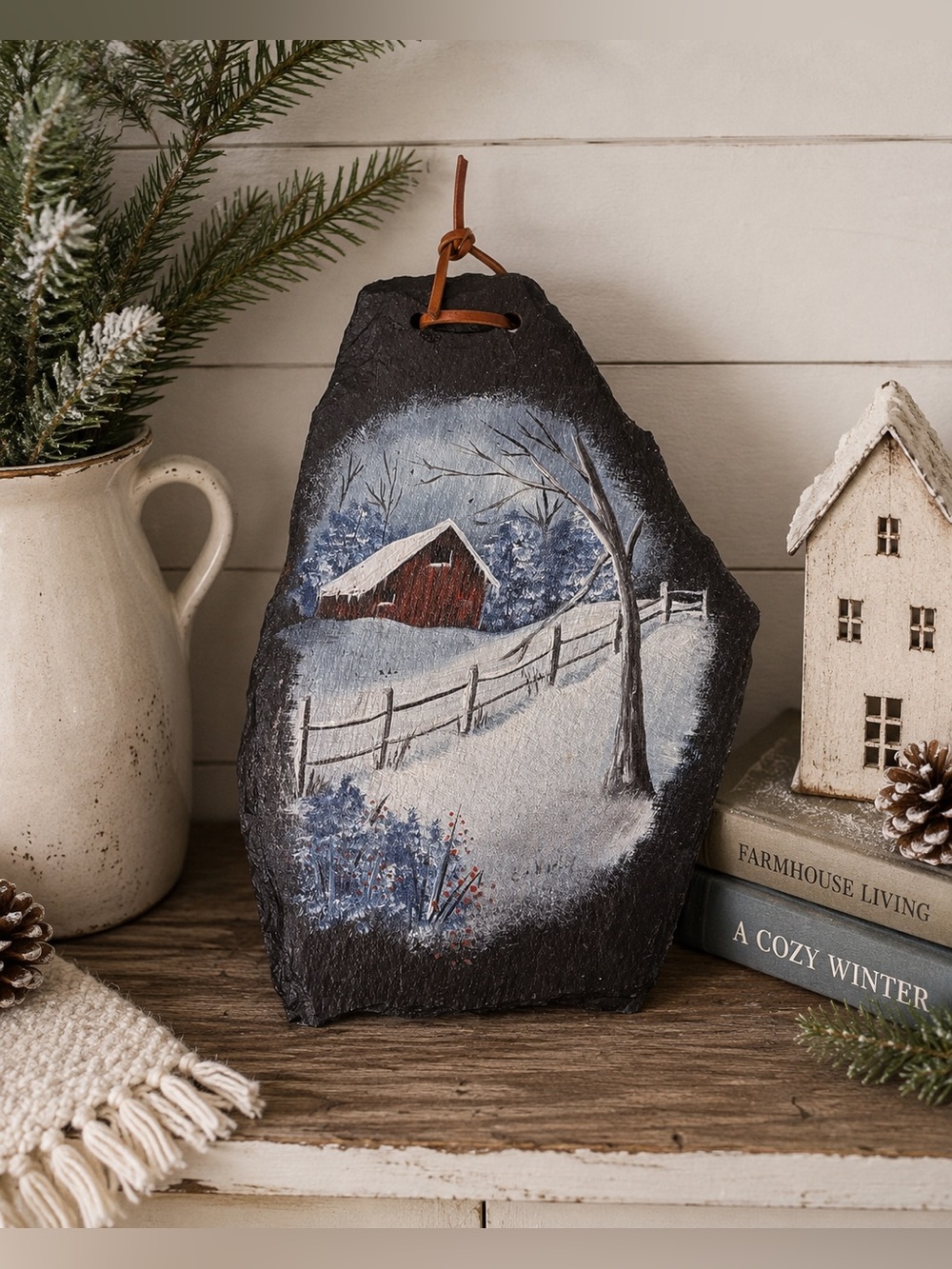 Hand Painted Slate Wall Hanging Winter Barn Snow Scene Rustic Farmhouse